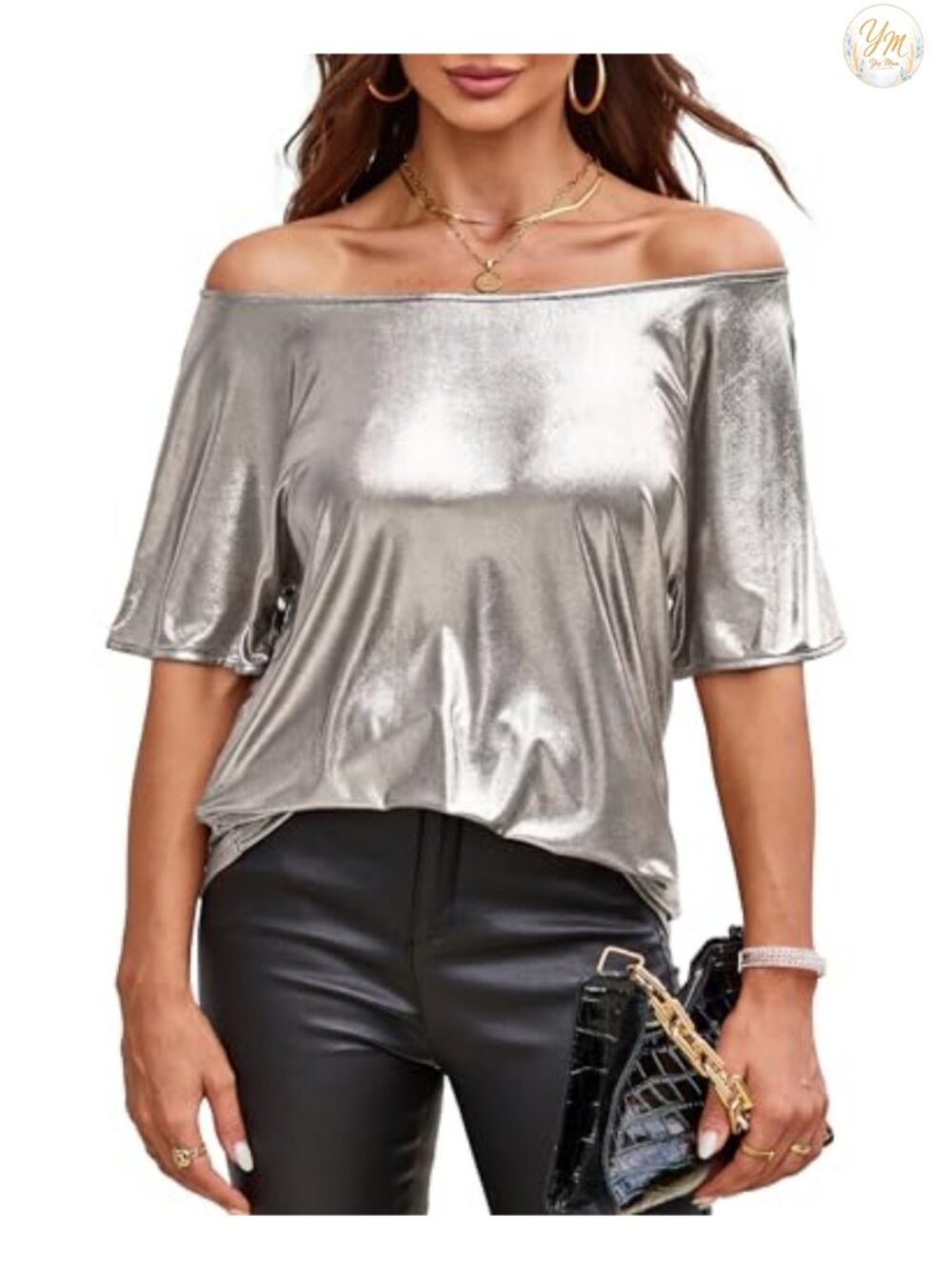 Off Shoulder Sequin Sparkly Glitter Loose Tunic Blouse Short Sleeve